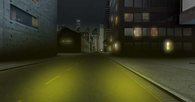 Moving Car POV on empty city street and taking turns on streets 3d Animated video background 