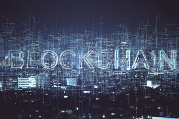 Multi exposure of cryptocurrency theme hologram drawing and city veiw background. Concept of blockchain and bitcoin.