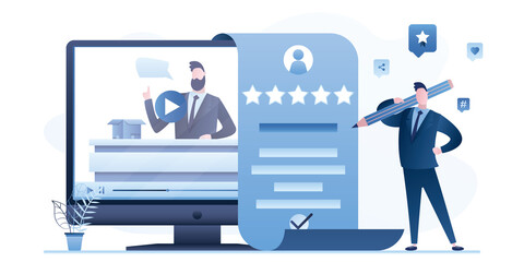Man subscriber with positive review. Testimonials, customer feedback. Video content on monitor screen, follower hold big pencil and rate experience.