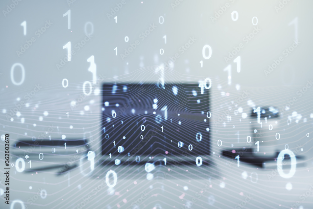 Aufkleber creative abstract binary code hologram on modern computer background, ai and machine learning concep