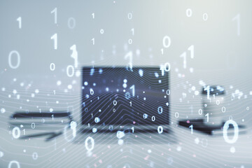 Creative abstract binary code hologram on modern computer background, AI and machine learning concept. Multiexposure