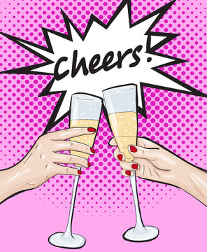 Pop art illustration of celebratory champagne toast
