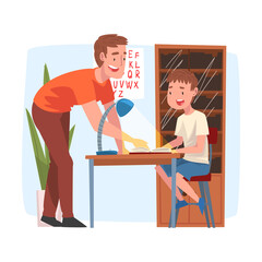 Father Teaching his Son, Parent Helping Son with Homework and Explaining Lesson in Textbook Cartoon Vector Illustration on White Background