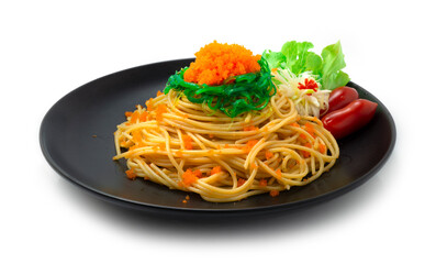 Spaghetti Ebiko and Seaweed salad decorate Leek flower shape and vegetable. Japanese combination italian Food