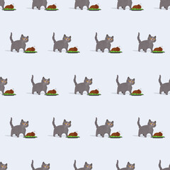 Seamless pattern Funny cat is holding a roast turkey. A cat with a funny look holds a fried chicken. Good for backgrounds, cards and prints on a summer theme. Vector.