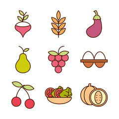 healthy food fresh fruits vegetables and protein ingredient products icons set line and fill style icon