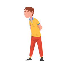 Cute Boy Standing in Thoughtful Pose with Hands Folded Behind his Back Cartoon Vector Illustration