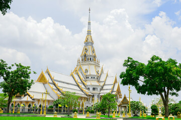 Views of White Chapel of Sothon Wararam temple and the area around in mueang,Chachoengsao ,Thailand.The beauty of temple In the Buddhism.