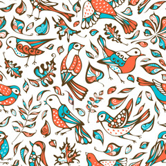 Vector bright seamless birds and leaves patterns.