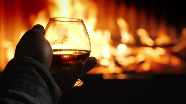 A man holds a glass with alcohol in his hand, the fire from the fireplace is reflected in the drink. Winter evening by the fireplace