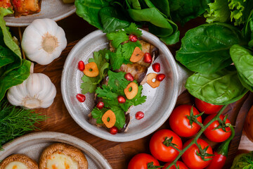 Presentation of georgian cuisine. Baked mushrooms with suluguni cheese, Tbilisi Caesar, caprese, lavash bread, Pkhali.