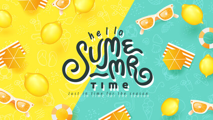Summer banner design with beach accessories on bright colorful background. Summer Lettering text. - obrazy, fototapety, plakaty