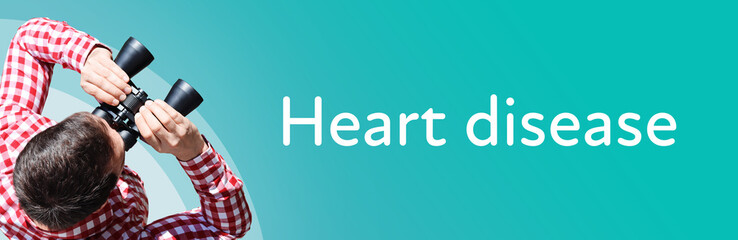 Naklejka premium Heart disease. Businessman (man) looks through binoculars. Birds eye view. Focus on text. Blue Background. Business, Finance, Statistics, Analysis, Economy