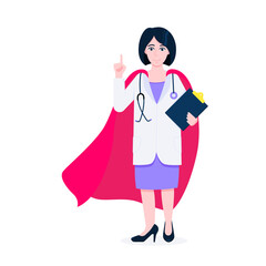 Young adult doctor with hero cape behind hospital medical employee fights against diseases and viruses on frontline flat style vector illustration. Doctor physician medical clinic staff new hero.