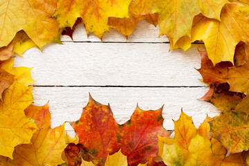 Naklejka na ściany i meble Autumn leaves frame with white wood background