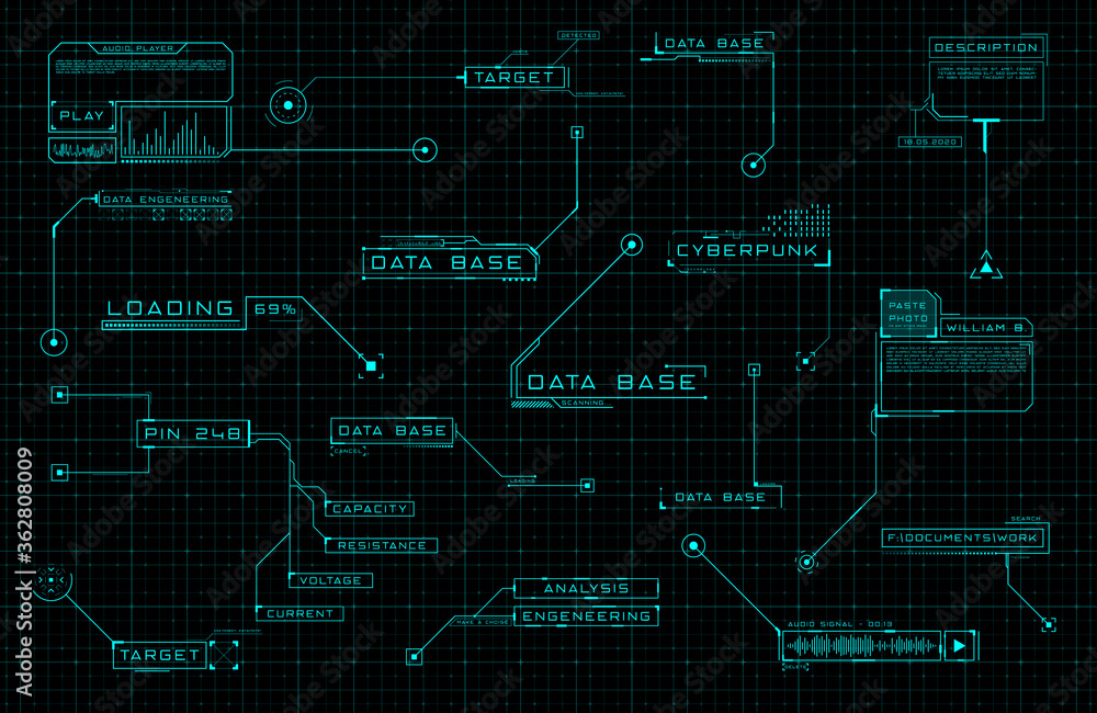 Poster HUD callout design elements. Set of callout futuristic user interfaces. Modern digital layout of control panel and user menu HUD, GUI, FUI. Editable stroke. Good for animation. Vector