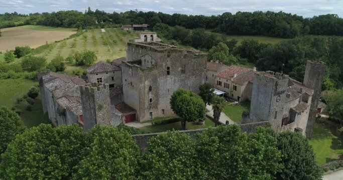 Larressingle castle aerial back travelling, Gers, labelled Les Plus Beaux Villages de France