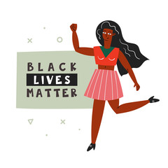 Black lives matter. Afro American woman with hand up. Dark skin color. No racism. Active social position. Peace, love. Protest. Flat vector illustration, icon, sticker. Isolated on white background.