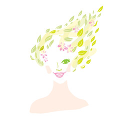 Colorful creative portrait of beautiful girl with hair from leaves and flowers on white background. Forest Nymph. Beauty, fashion, eco concept. Hand drawing. Vector isolated.