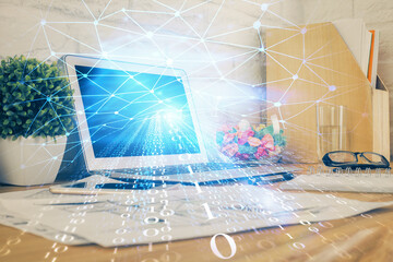 Multi exposure of desktop with personal computer and tech theme drawing. Concept of Bigdata.