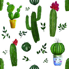 Watercolor cactus seamless pattern. Vector illustration.
