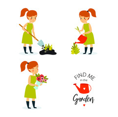Vector set with a gardener girl. A beautiful girl is planting flowers, watering flowers, collecting a bouquet. Ecology. Summer. Work in the garden. Florist. Cartoon character. Cartoon woman
