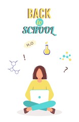 Online education concept. Girl with a laptop does homework in chemistry. Schoolgirl, college or university student gaining knowledge. Back to school. Female character with a laptop.
