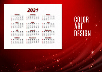 English calendar of 2021. Week starts on Sunday. Office supplies design. Business template. Abstract colorful illustration.