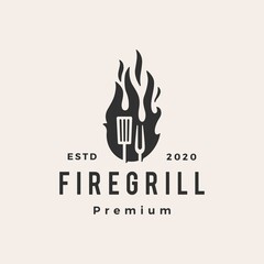 Fototapeta premium fire flame grill spatula fork hipster vintage logo vector icon illustration