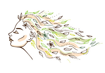 Beautiful girl profile with long hair with flowers and leaves. Woman symbol of spring, summer, greens, nature. Goddess, nymph of forest. For tattoo, print, cosmetics, fashion. Colorful hand drawn