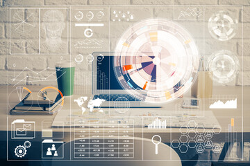 Double exposure of desktop computer and technology theme hologram. Concept of software development.