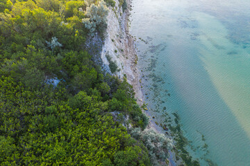 Aerial view over the Black Sea coast and beach in Bulgaria, Balchik during an amazing summer morning