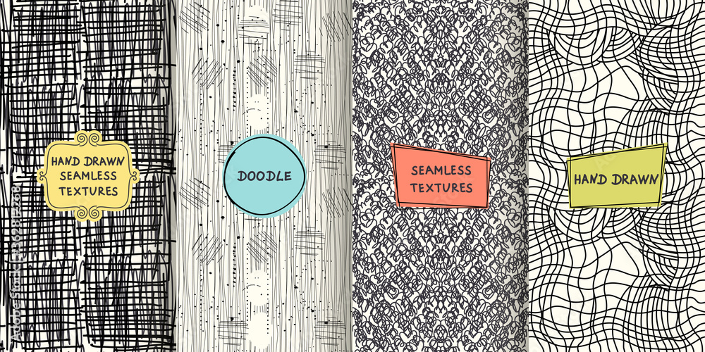 Poster set of seamless hand drawn texture designs for backgrounds, business cards, web design. doodle patte
