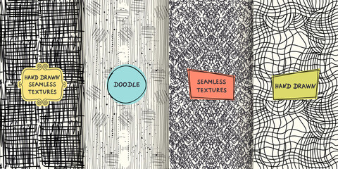 Set of seamless hand drawn texture designs for backgrounds, business cards, web design. Doodle pattern with trendy modern colorful labels. vector illustration
- 362812268