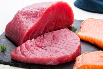 Raw tuna on cutting board