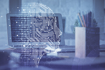 Multi exposure of work space with computer and human brain hologram. Brainstorm concept.