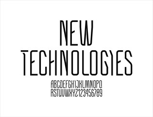 Technical high black font, condensed tall thin modern alphabet, trendy uppercase Latin letters from A to Z and Arab numbers from 0 to 9 for you designs, vector illustration 10EPS