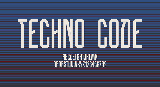 Technical high font, condensed alphabet, letters A, B, C, D, E, F, G, H, I, J, K, L, M, N, O, P, Q, R, S, T, U, V, W, X, Y, Z and numerals 0, 1, 2, 3, 4, 5, 6, 7, 8, 9 , vector illustration 10EPS