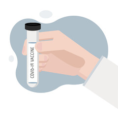 Vector illustration. Doctor's hand holding a  test-tube with covid-19 vaccine.