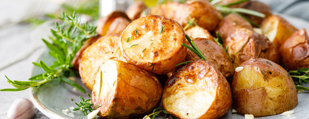 Baked potatoes with rosemary, thyme and garlic. Banner