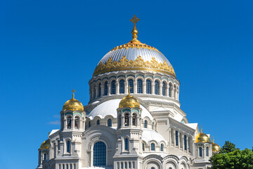 Dome of The Naval cathedral of Saint Nicholas in Kronstadt, Russia. Facade detail of Kronstadt Naval Cathedral.