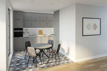 Interior of a gray kitchen with a round table in the middle, with a horizontal poster on the wall. Mockup poster. 3d render