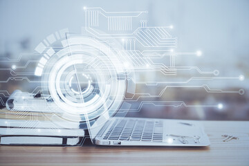 Double exposure of computer and technology theme hud. Concept of innovation.
