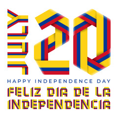 July 20, Colombia Independence Day congratulatory design with Colombian flag colors.