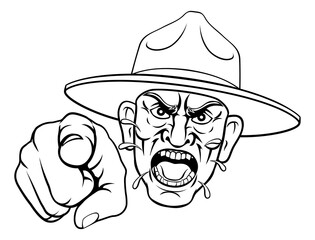 An angry army bootcamp drill sergeant soldier pointing at the viewer and shouting cartoon