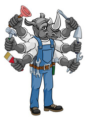 A rhino animal construction cartoon mascot multitasking handyman or builder maintenance contractor holding lots of tools