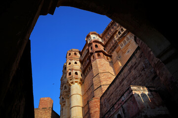 Fototapeta na wymiar Jodhpur, Rajasthan, India – December 28, 2014 : Façade of Mehran