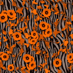 Seamless Colorful Flowers and Animal Background Trendy Colors perfect for fashion print