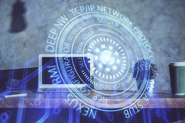 Multi exposure of computer on background and technology theme drawing. Concept of innovation.