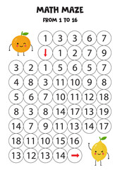 Math game for kids. Cute kawaii lemon and orange.
